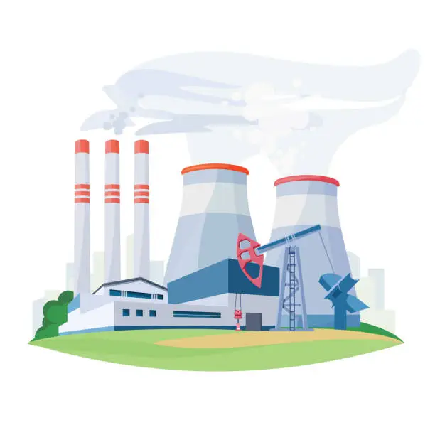 Vector illustration of Fossil fuel power station factory with environmental pollution pipes. Oil production plant. Vector