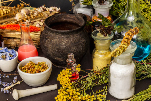 istock Halloween concept. Alchemy laboratory of the witch 1178068452