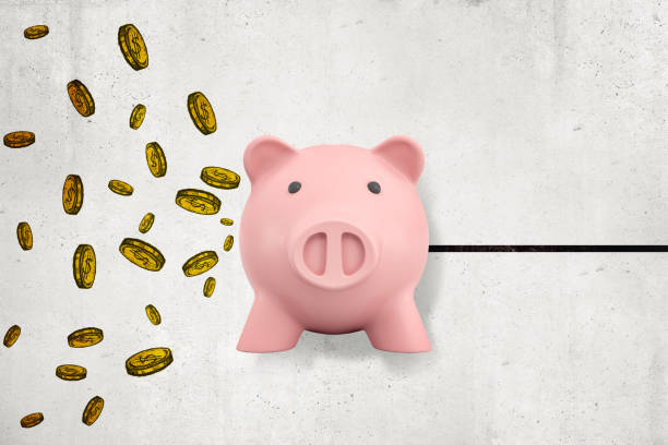 3d rendering of front view of cute pink piggy bank in air against wall with coins and black line drawn on the wall. 3d rendering of front view of cute pink piggy bank in air against wall with coins and black line drawn on the wall. Make and save money. Business and finance. New opportunities. a penny saved stock pictures, royalty-free photos & images