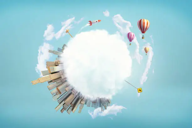 3d rendering of cloud-covered Earth globe with big modern city and road signs and space rocket and hot-air balloons in the air. Peaceful future. Live and prosper. Build future world.