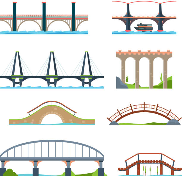 illustrations, cliparts, dessins animés et icônes de ponts plats. pont d'objets urbains architecturaux avec des images vectorielles de faisceau de colonne ou d'aqueduc - bridge stone bridge vector arch bridge