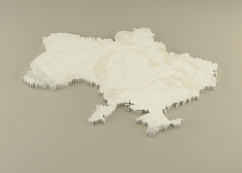 Extruded 3D political Map of Ukraine with relief as marble sculpture on a light beige background