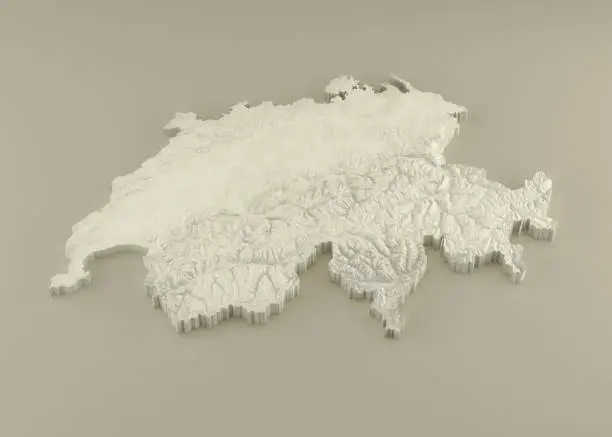 Extruded 3D political Map of Switzerland with relief as marble sculpture on a light beige background