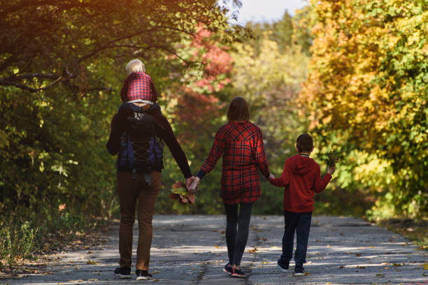 istock Family with two sons walking in the autumn forest. Back view 1178074492