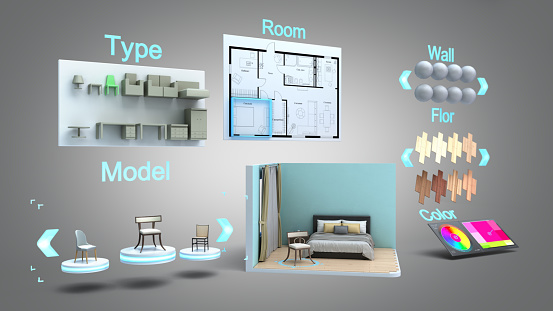 modern concept for quickly creating interior design room design constructor 3d render image on grey gradient