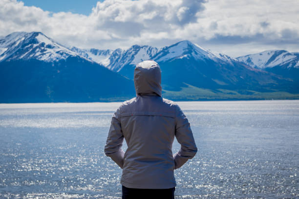 istock Woman looking at fjord and mountain range. 1178077530