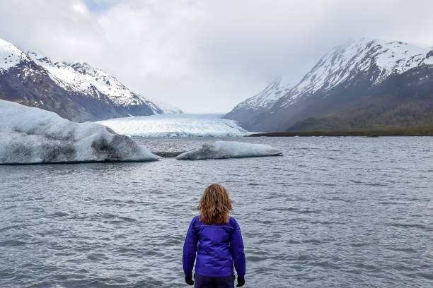 istock Woman looking at mountain range and glacier. 1178077548