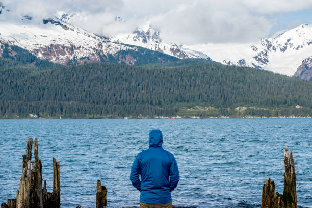 istock Man looking at fjord and mountain range. 1178077559