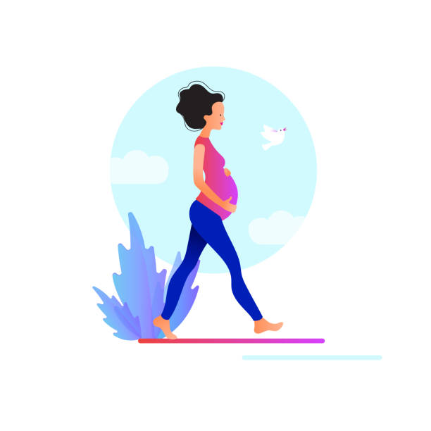 ilustraciones, imágenes clip art, dibujos animados e iconos de stock de mujer embarazada caminando. - human pregnancy yoga exercising prenatal care
