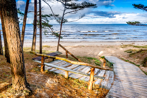 Scenic view on resting area at sandy beach of the Baltic Sea, Jurmala