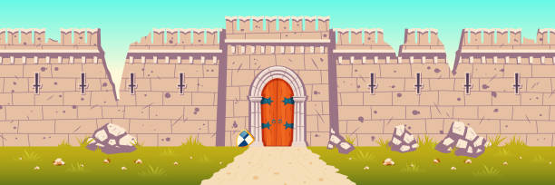 Medieval castle broken, ruined wall cartoon vector Medieval castle broken, ruined stone walls. Citadel after enemies attack or siege during war. Strong defence concept. Ancient fortress ruins with holes in wall, closed gate cartoon vector illustration fortified wall stock illustrations