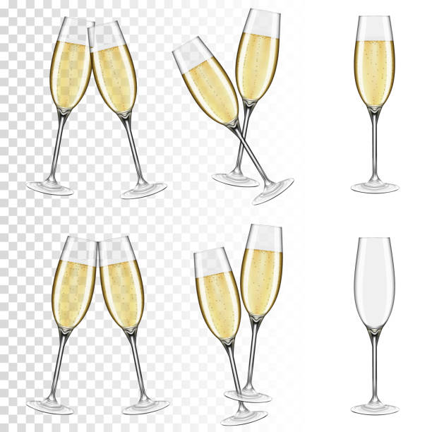 ilustraciones, imágenes clip art, dibujos animados e iconos de stock de set de copas de champán, aislados sobre fondo transparente. - champagne