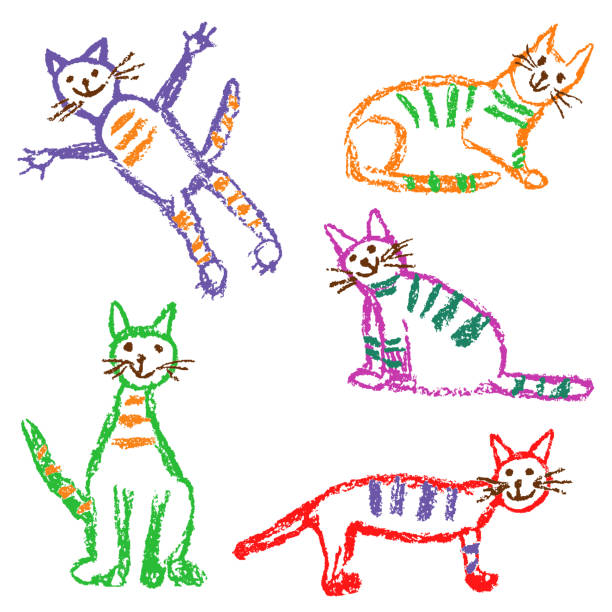 istock Funny multicolor tabby cat set. Wax crayon like child`s hand drawn cute kitten clip art. 1178081991