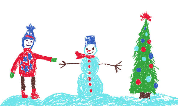 istock Like child hand drawing christmas kid boy, smiling snowman, tree on snowdrift. 1178082403