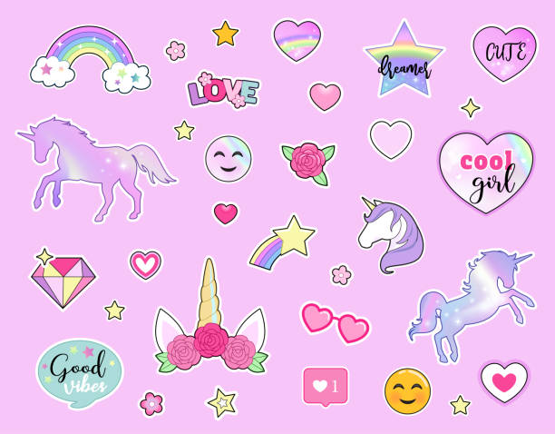 Set of colorful stickers with unicorns, rainbows, flowers and hand drawn lettering quotes. Vector. Set of colorful stickers with unicorns, rainbows, flowers and hand drawn lettering quotes. Vector illustration on pink background. Unicorn stock illustrations