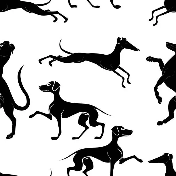 Vector illustration of Seamless pattern with the image of silhouettes of dogs of hunting breeds