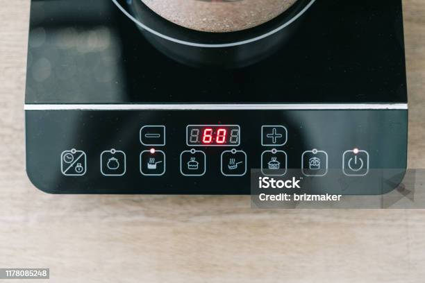 Close Up Of Small Electric Stove With Control Panel In Modern Kitchen Top  View Of Kitchenware