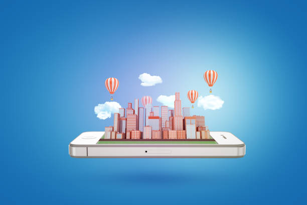 istock 3d rendering of a smartphone floating horizontally with a modern city rising from its screen with clouds and hot air balloons above the high-rise buildings. 1178088814