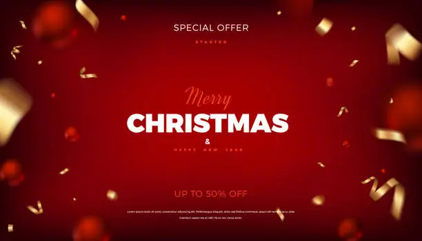 Vector illustration of Merry Christmas red background with golden decoration