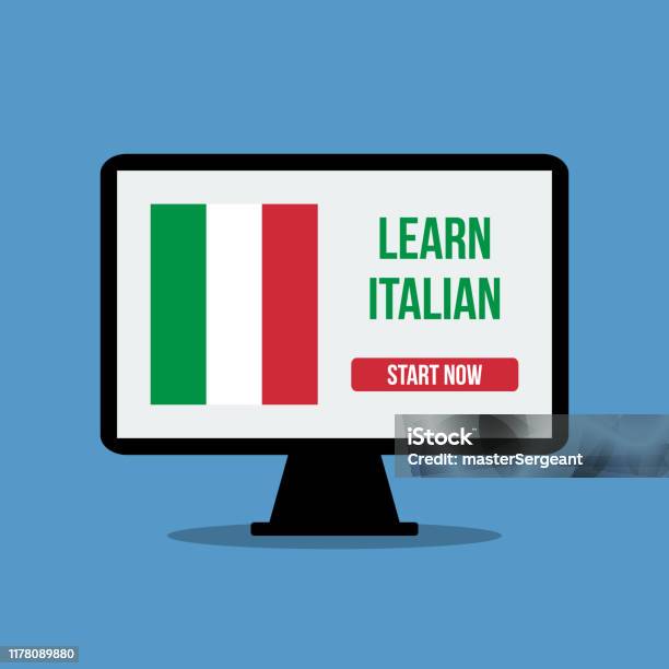 Italian Study Computer Screen Italy Flag With Learn Italian Title And Button Start Now On Desktop ...