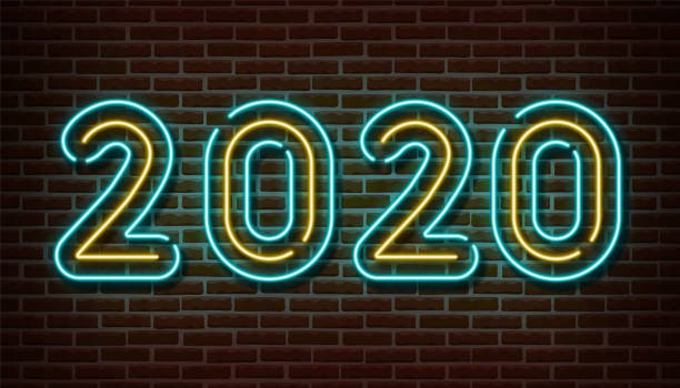 istock Neon 2020 new year signs vector isolated on brick wall. New year party light symbol, text decoration effect. Neon 2020 illustration 1178094307