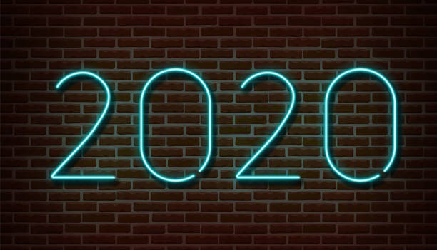 istock Neon 2020 new year signs vector isolated on brick wall. New year party light symbol, text decoration effect. Neon 2020 illustration 1178094407