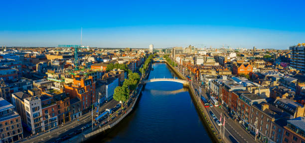 Dublin Ireland with Liffey river aerial view Dublin Ireland with Liffey river aerial view dublin republic of ireland stock pictures, royalty-free photos & images