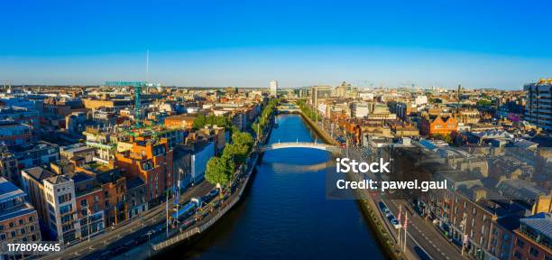 Dublin Ireland With Liffey River Aerial View Stock Photo - Download Image Now - Dublin - Republic of Ireland, Ireland, City