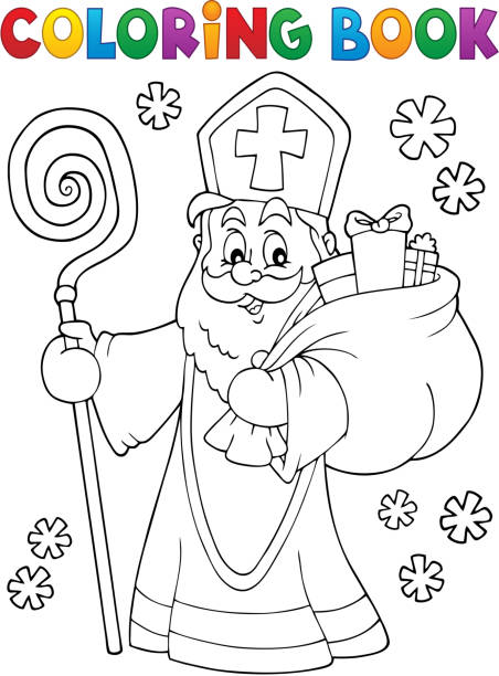 ilustraciones, imágenes clip art, dibujos animados e iconos de stock de libro para colorear san nicolás tema 2 - santa hat christmas hat headwear