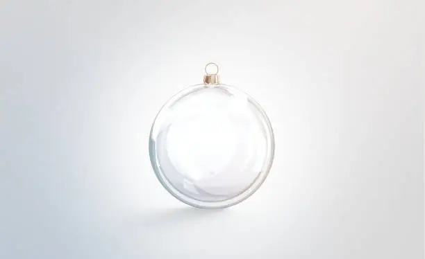 Blank glass christmas ball for tree mock up, isolated, 3d rendering. Empty new year toy for hanging on pine mock up, front view. Clear glassy xmas bauble template.