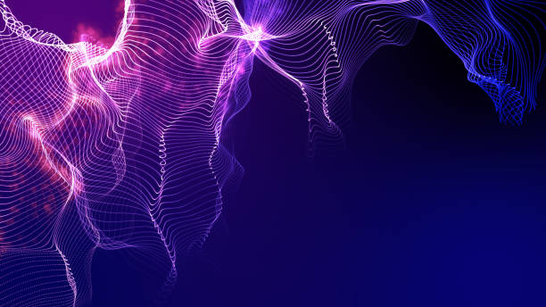Digital cyber space particles neon light water wave flow 3D motion graphic background with copy space. Smart technology IOT of sci-fi future smart world power energy technology concept.