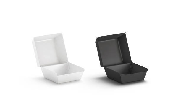 istock Blank black and white opened burger box mockup, isolated 1178098344