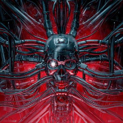 3D illustration of scary evil robotic skull connected to alien machinery
