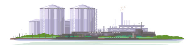 저장 탱크가 분리된 산업 공장 - gasoline factory station chimney stock illustrations