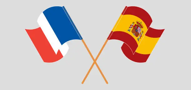 Vector illustration of Crossed and waving flags of France and Spain