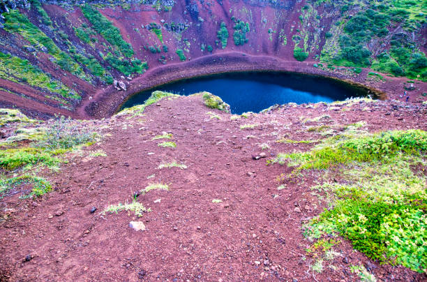 nordic countries. aerial view of kerio vulcan crater with lake, iceland - ravine geology danger footpath imagens e fotografias de stock