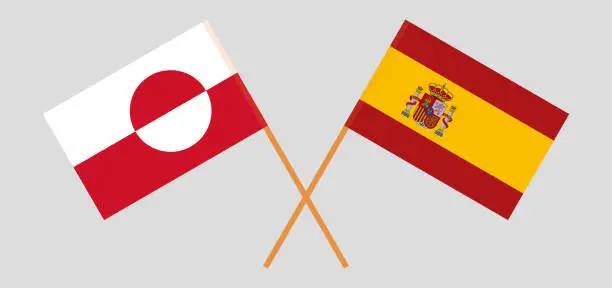 Vector illustration of Greenland and Spain. Crossed Greenlandic and Spanish flags
