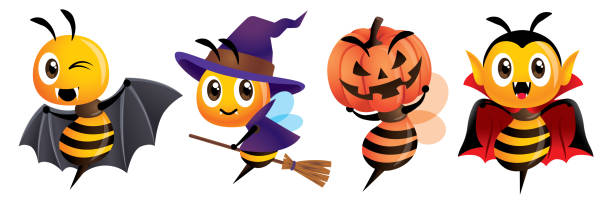 Happy Halloween. Cartoon cute bee halloween costumes mascot set. Cartoon cute bee in bat, witch, pumpkin and Dracula costumes - Bee halloween vector character Happy Halloween. Cartoon cute bee halloween costumes mascot set. Cartoon cute bee in bat, witch, pumpkin and Dracula costumes school mascot costume stock illustrations