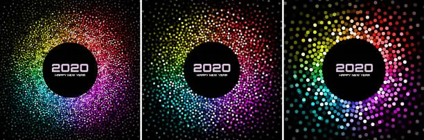 Vector illustration of New Year 2020 night background party set. Greeting cards. Rainbow glitter paper confetti. Glistening festive rainbow lights. Glowing circle frame happy new year wishes. Christmas collection. Vector