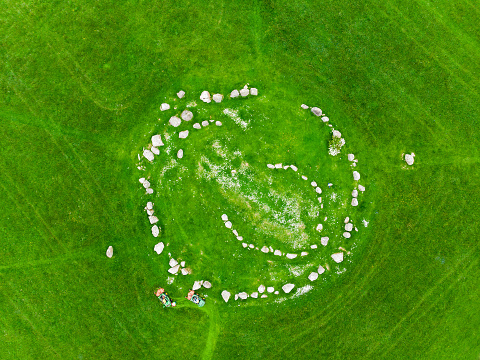 Ballynoe stone circle, a prehistoric Bronze Age burial mound surrounded by a circular structure of standing stones dating from the Neolithic period, County Down, Nothern Ireland