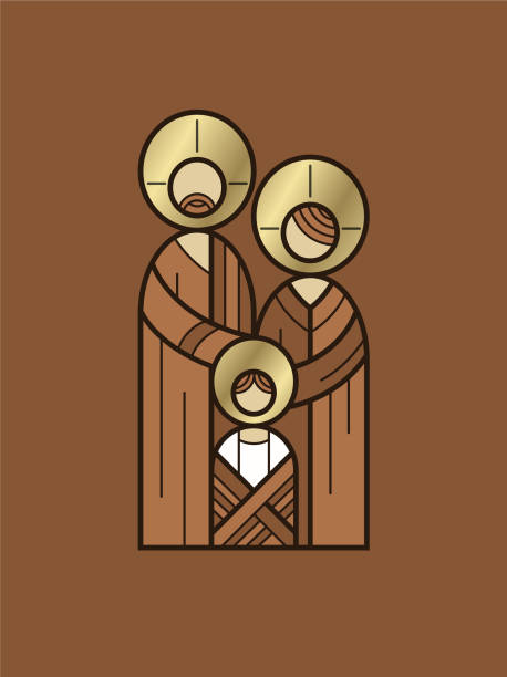 illustrazioni stock, clip art, cartoni animati e icone di tendenza di biglietto di natale astratto della sacra famiglia - family abstract child religious icon