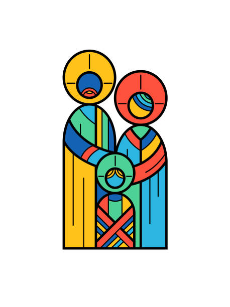 illustrazioni stock, clip art, cartoni animati e icone di tendenza di biglietto di natale astratto della sacra famiglia - family abstract child religious icon