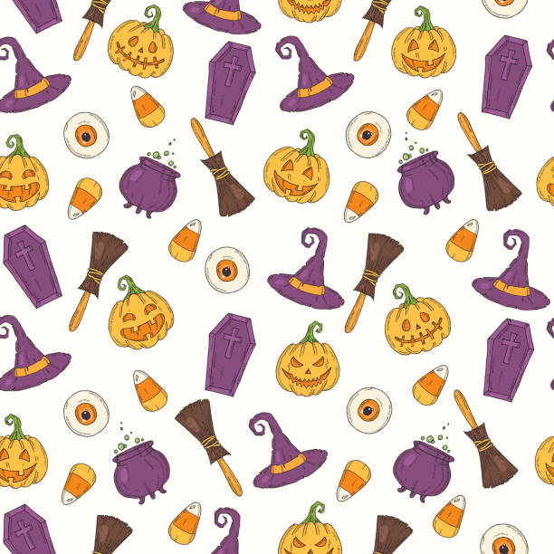 illustrations, cliparts, dessins animés et icônes de motif sans couture avec des icônes colorées d'halloween dessinées à la main.  crique jack, chapeau de sorcière, balai, chapeau, bonbons, racines de bonbons, cercueil, pot avec la potion dans le modèle de croquis. - broom corn