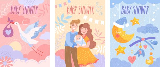 ilustraciones, imágenes clip art, dibujos animados e iconos de stock de conjunto de plantillas de invitación de baby shower con padres felices, cig envolcamiento volador y media luna latente - party newborn baby hospital