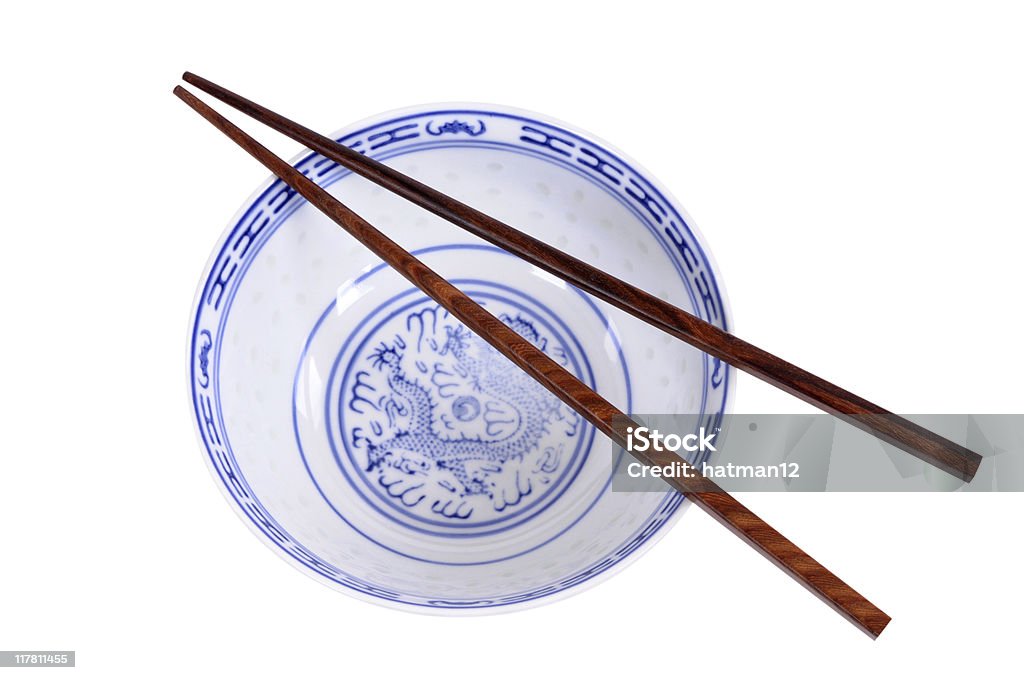 Bleu Bol de riz avec des baguettes chinoises (XL - Photo de Aliment libre de droits