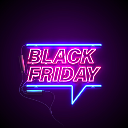 Bright signage. Neon Black Friday signboard. Retro neon sign on dark background with text Black Friday. Ready for your design, banner, advertising, business. Vector illustration.