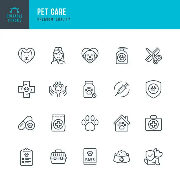 Vector illustration of PET CARE - thin line vector icon set. Editable stroke. Pixel Perfect. Set contains such icons as Pets, Dog, Cat, Doctor, Veterinarian, Grooming, Pet Food.