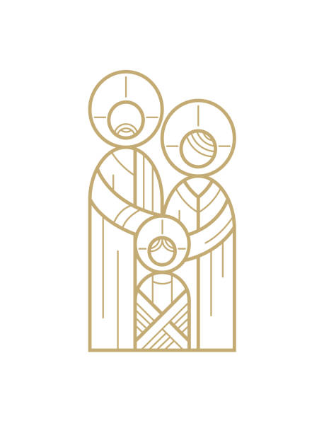 illustrazioni stock, clip art, cartoni animati e icone di tendenza di sacra famiglia, gesù da bambino con maria e giuseppe - illustrazione lineare, icona - family abstract child religious icon