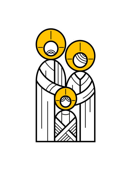 illustrazioni stock, clip art, cartoni animati e icone di tendenza di sacra famiglia, gesù da bambino con maria e giuseppe - illustrazione lineare, icona - family abstract child religious icon