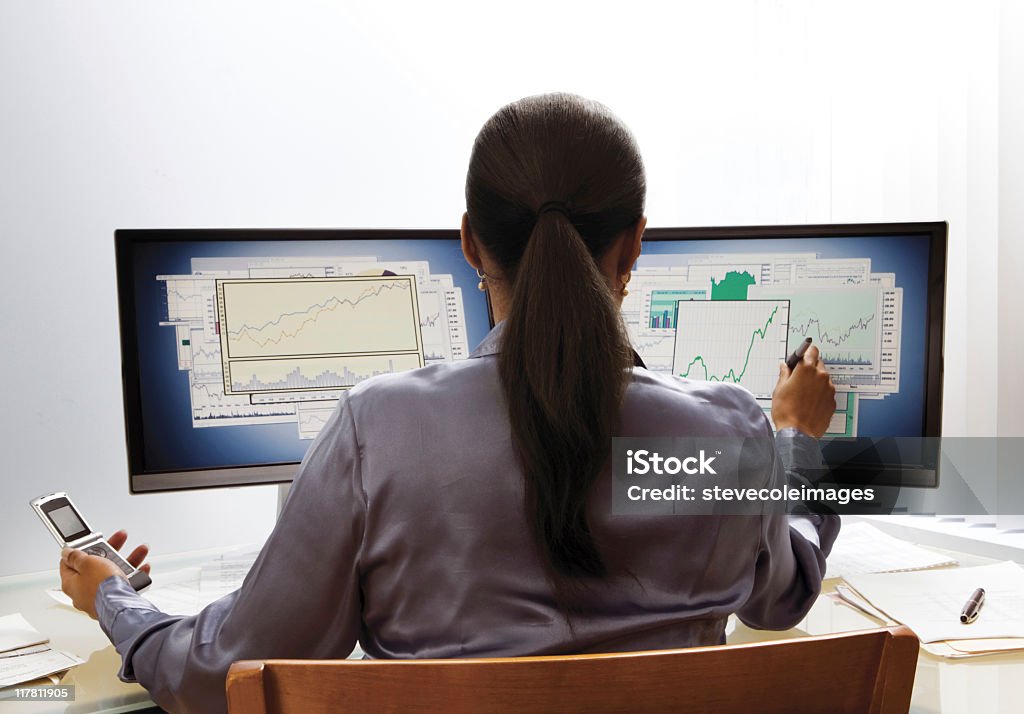Rear view of Businesswoman Sitting at Computers  Adult Stock Photo